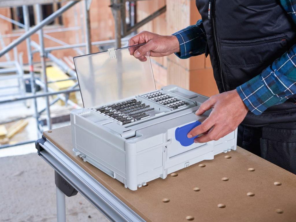Flexible division of the lid compartment as required. Additional accessories such as SDS and bit cassette can be integrated. Flexible division of the lid compartment as required. Additional accessories such as SDS and bit cassette can be integrated.